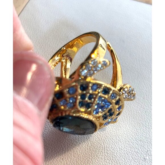 Gold Turtle Ring With Blue & Clear Crystals Adjustable Size 7 Fashion Jewelry Ac - Picture 2 of 16